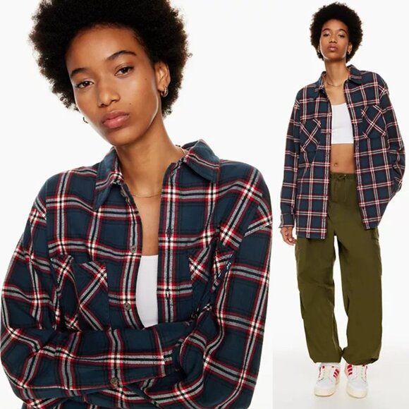 ARITZIA TNA Oversized Plaid Button-Up Shirt/Shacket in Dakota Blue (M) - Picture 1 of 9